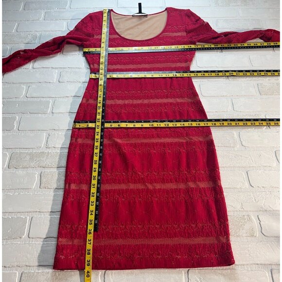 Bcbg Max Azria Dress Medium Lace Illusion Sheath Tanya Sangria Red Bodycon LS - Picture 3 of 12
